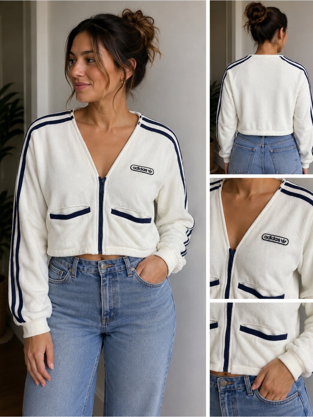 Adidas Originals Cream & Navy Cropped Zip Jacket XS